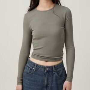 Cotton On Olive Organic Rib Crew Long Sleeve, Size L, Fair Condition